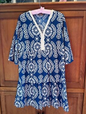 Blue & White Printed V-Neck Tunic Dress